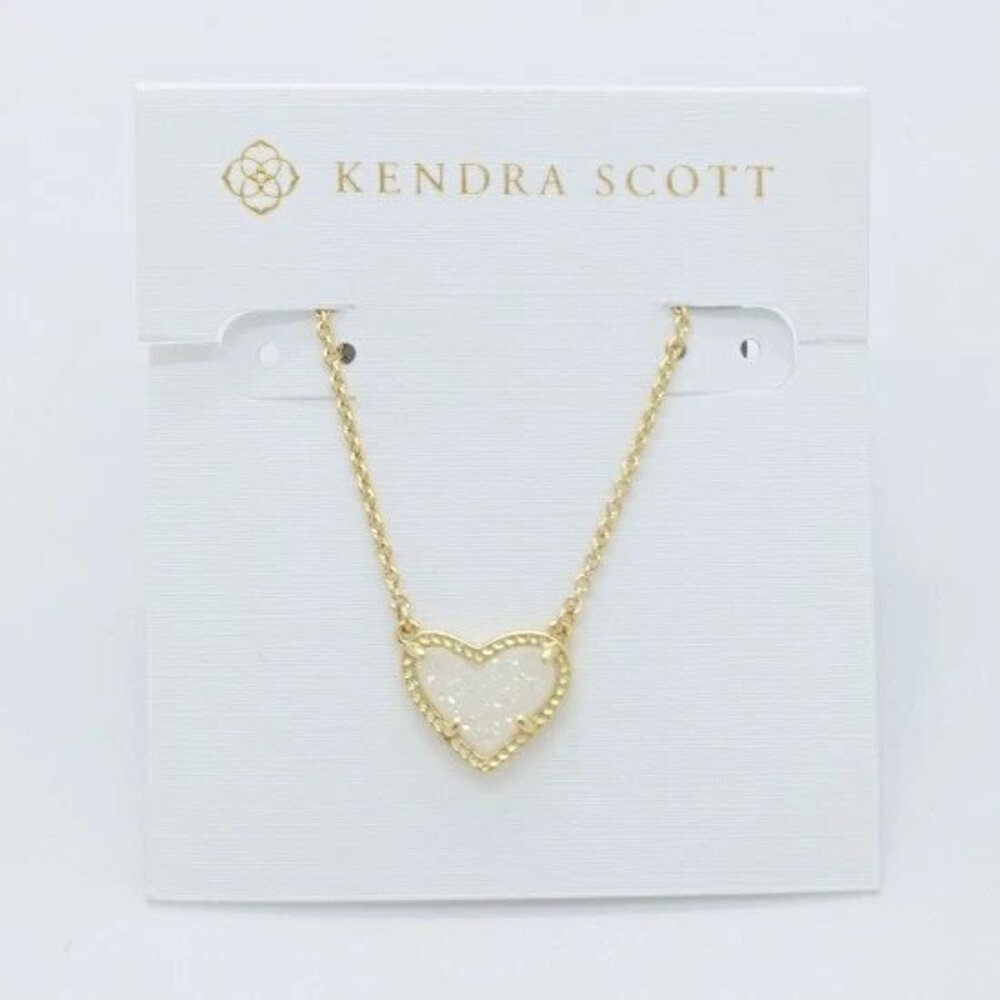 Kendra Scott Ari Heart Gold Necklace in White Iridescent Drusy